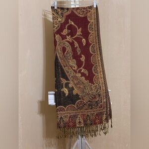 Elegant Paisley Burgundy & Gold  Shawl/Wrap/Scarf  with Fringe